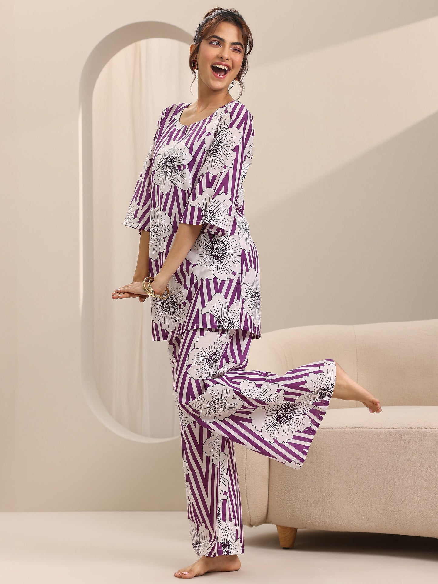 Purple Printed Cotton Night Suits