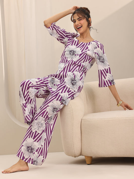 Purple Printed Cotton Night Suits