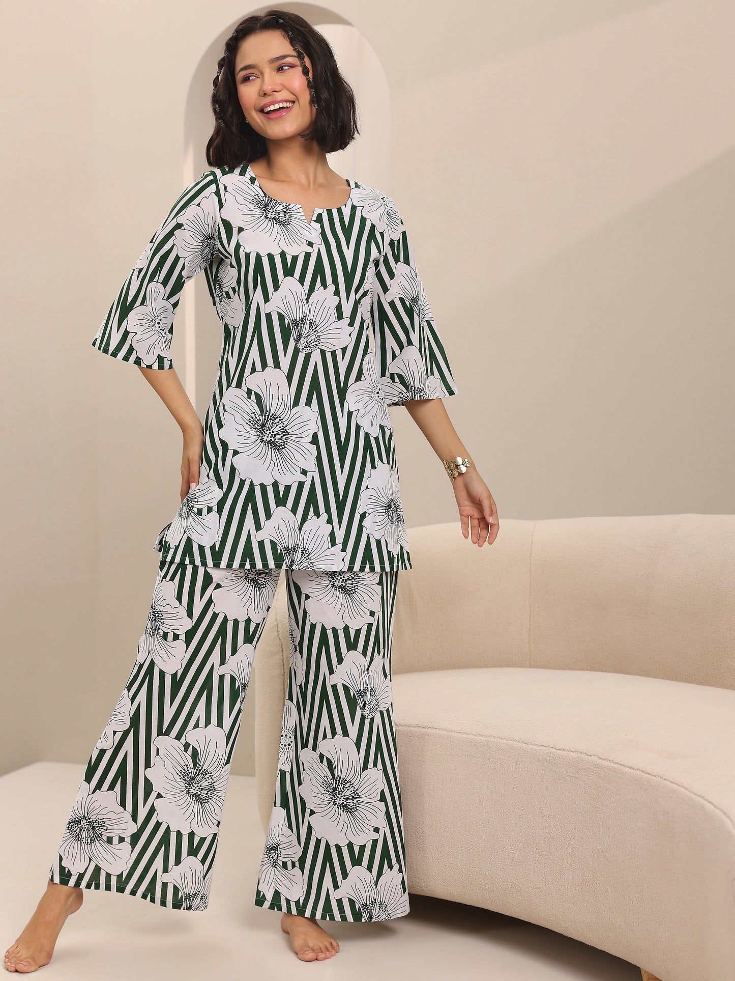 Green Printed Cotton Night Suits
