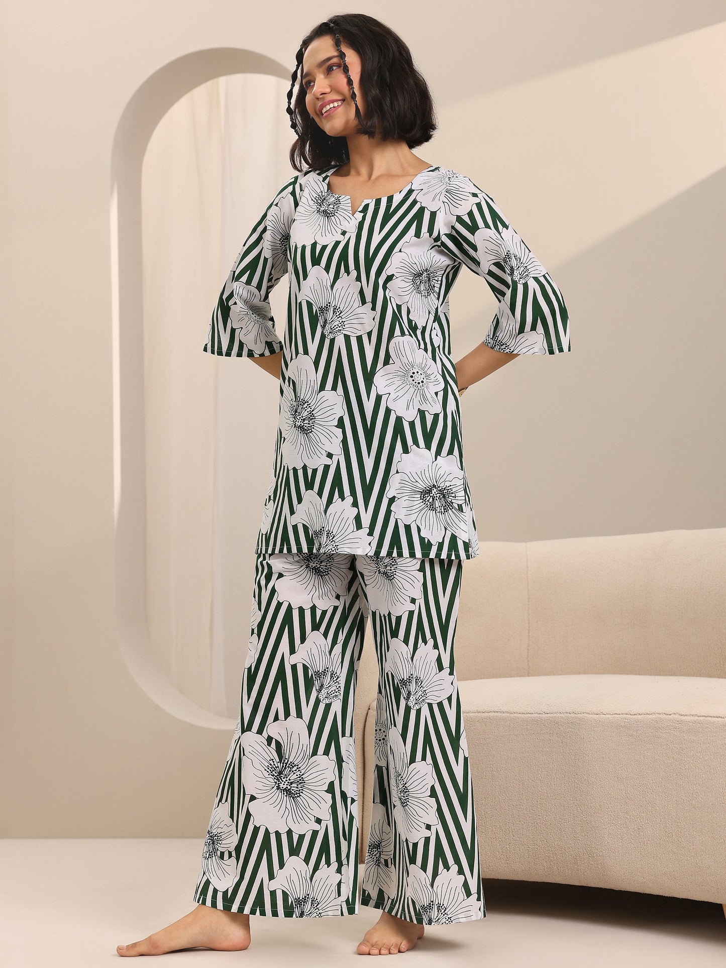 Green Printed Cotton Night Suits