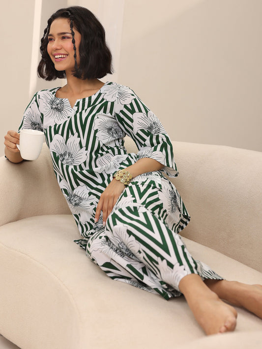 Green Printed Cotton Night Suits
