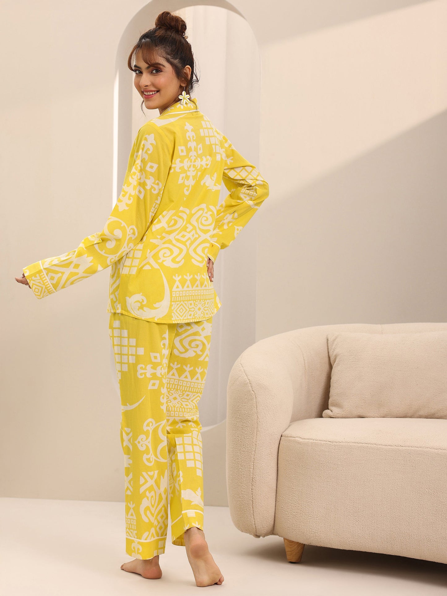 Yellow Printed Cotton Night Suits
