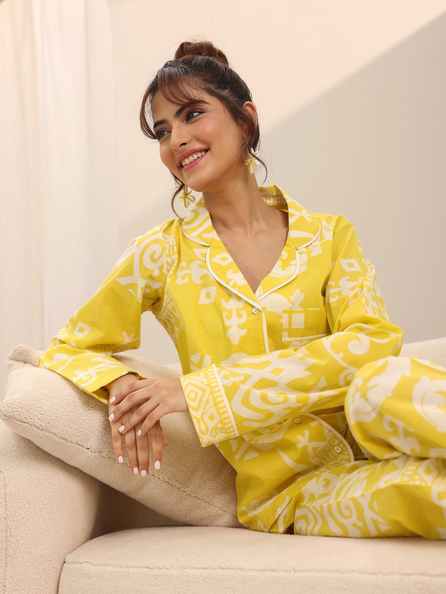 Yellow Printed Cotton Night Suits