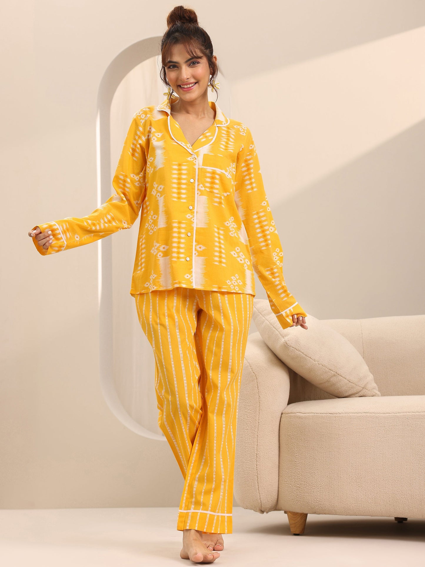 Yellow Printed Cotton Night Suits