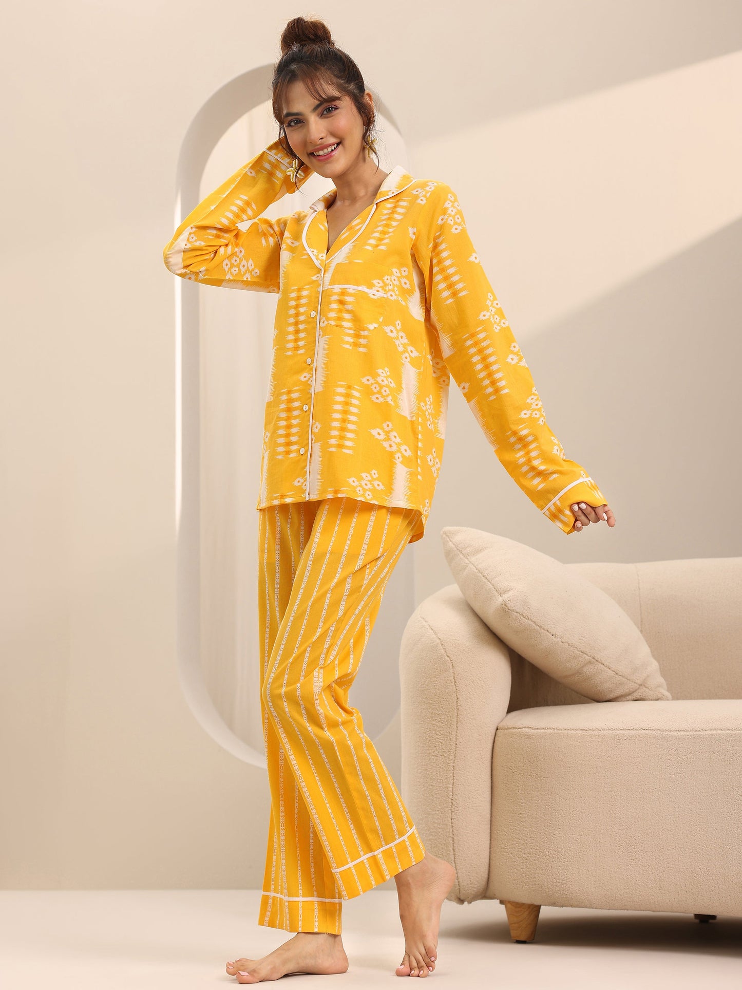 Yellow Printed Cotton Night Suits