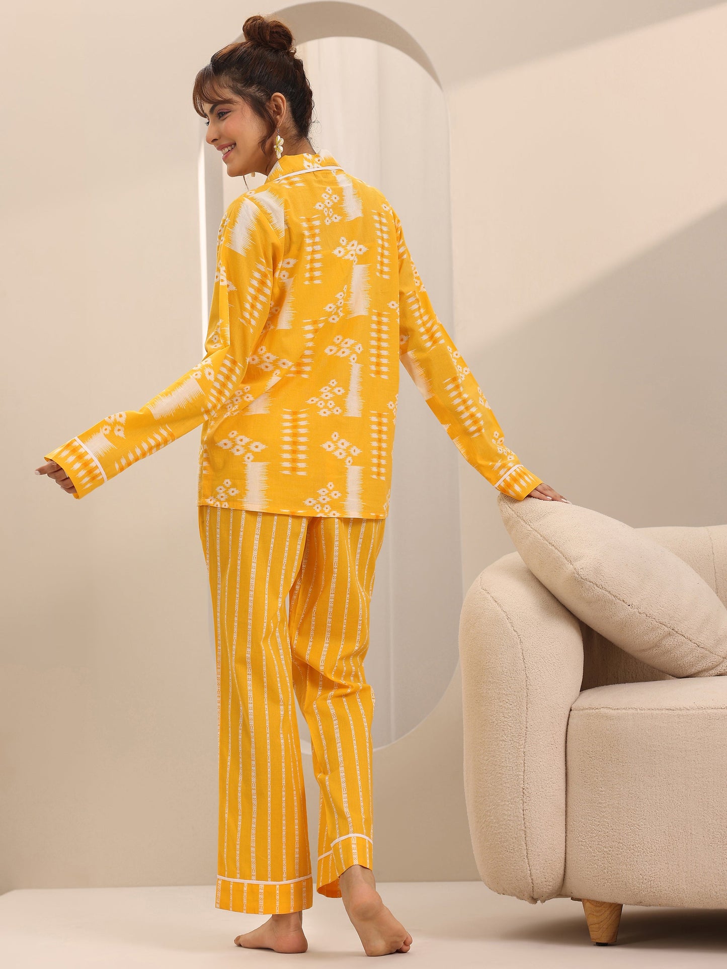 Yellow Printed Cotton Night Suits