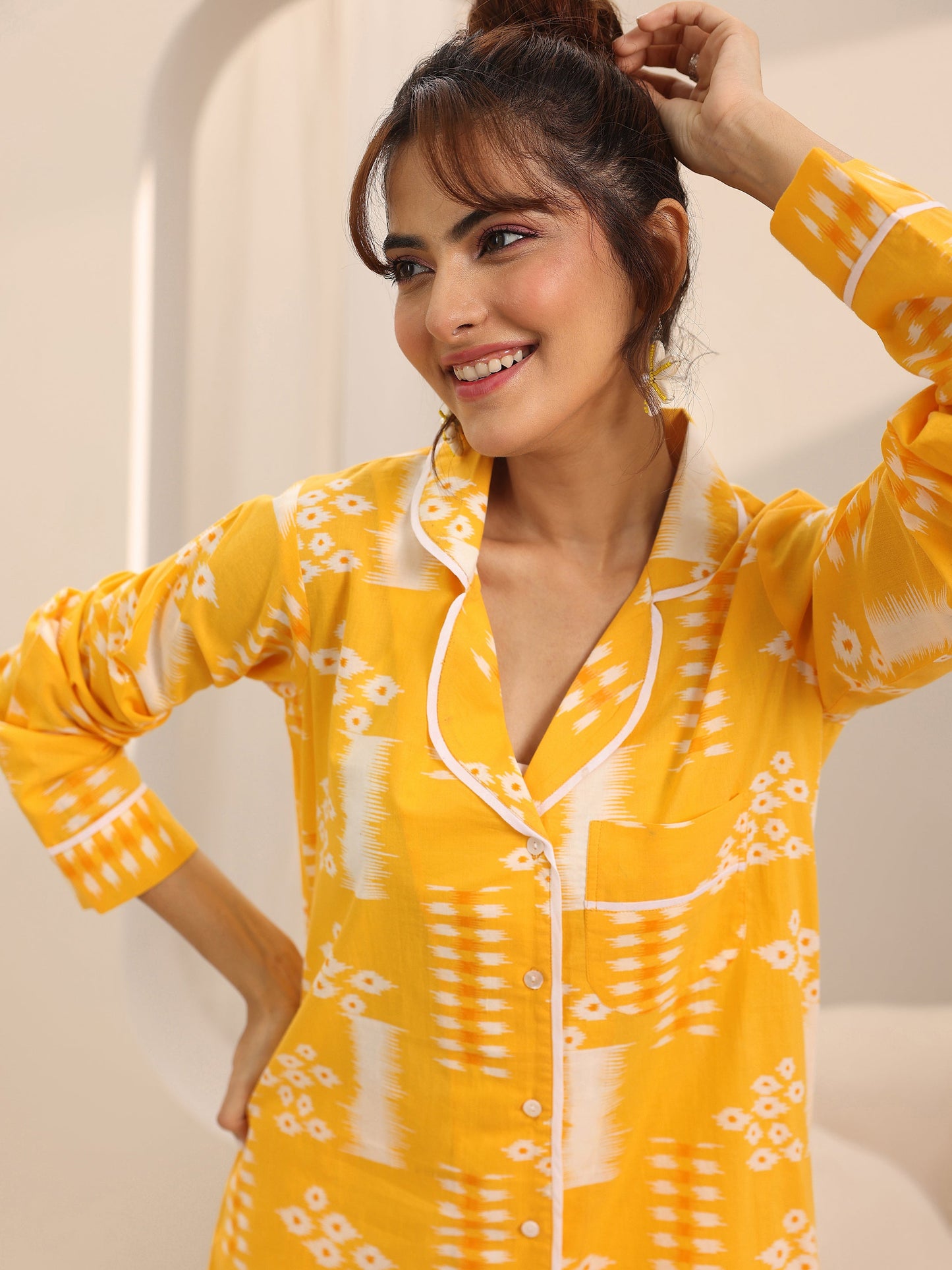 Yellow Printed Cotton Night Suits