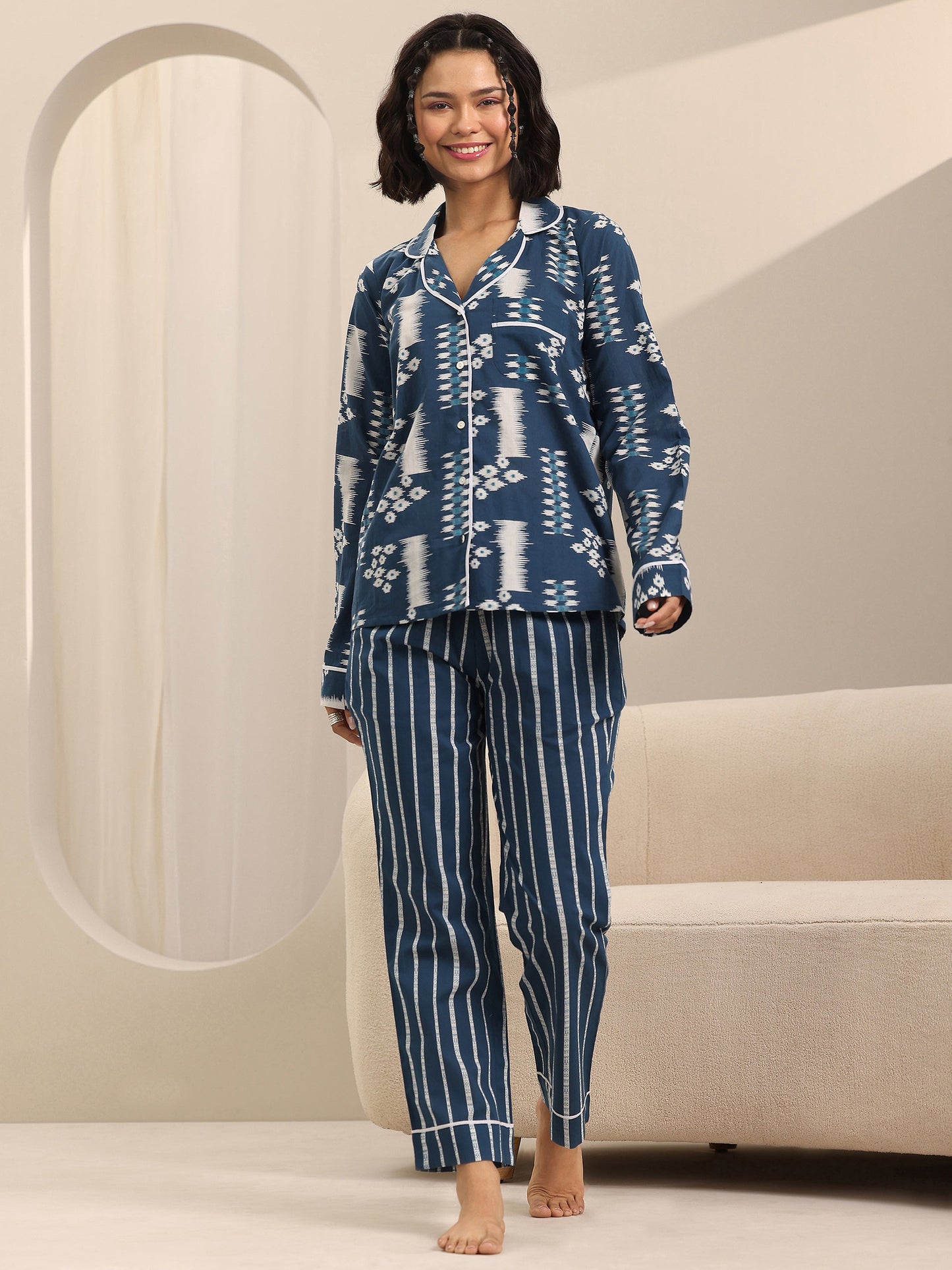 Blue Printed Cotton Night Suits