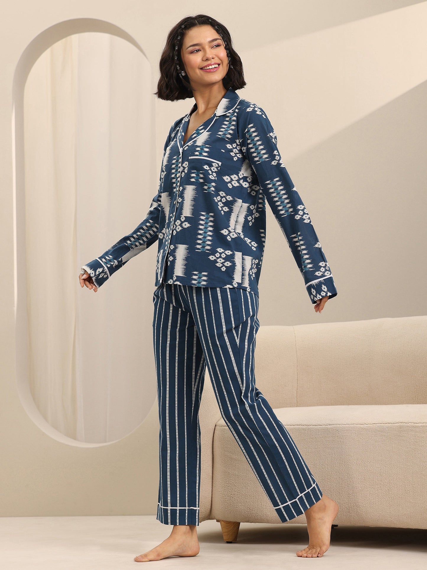 Blue Printed Cotton Night Suits