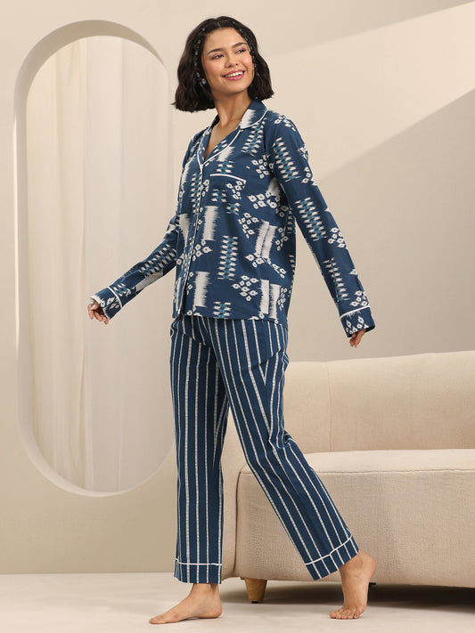 Blue Printed Cotton Night Suits