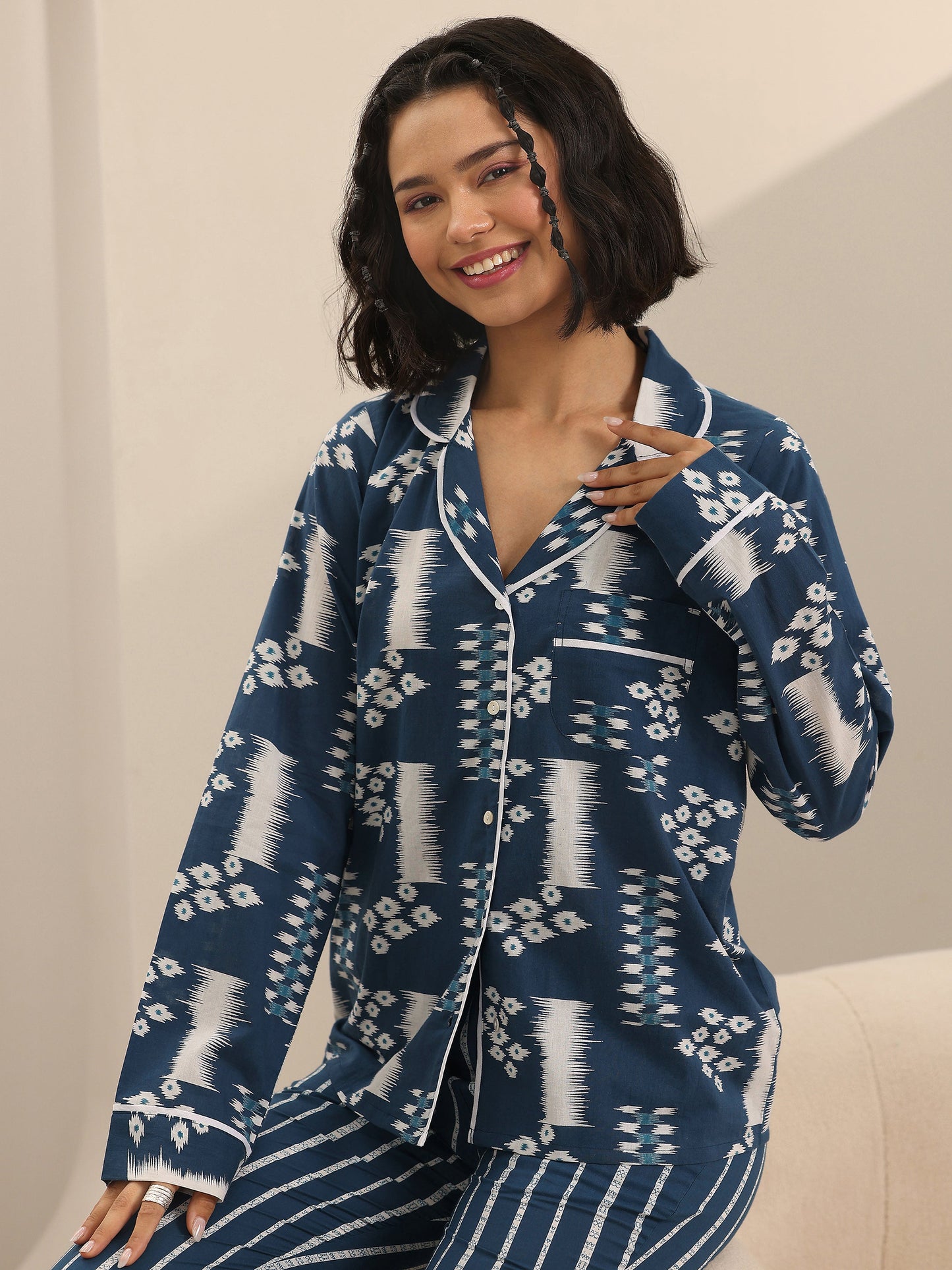 Blue Printed Cotton Night Suits