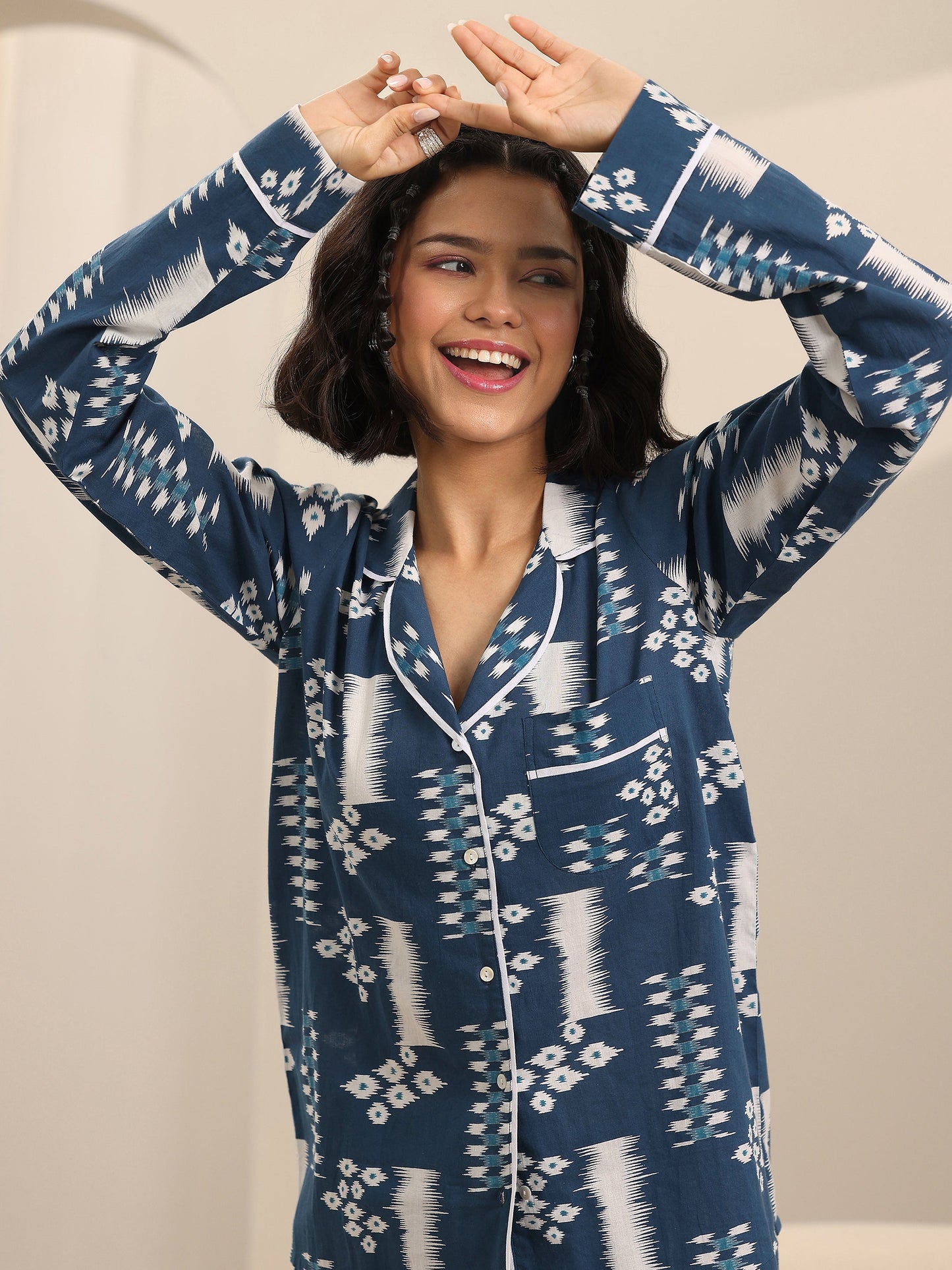 Blue Printed Cotton Night Suits
