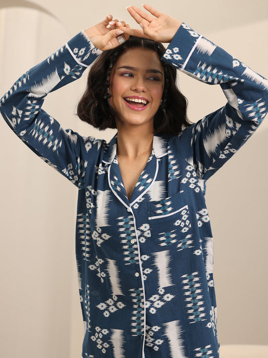 Blue Printed Cotton Night Suits