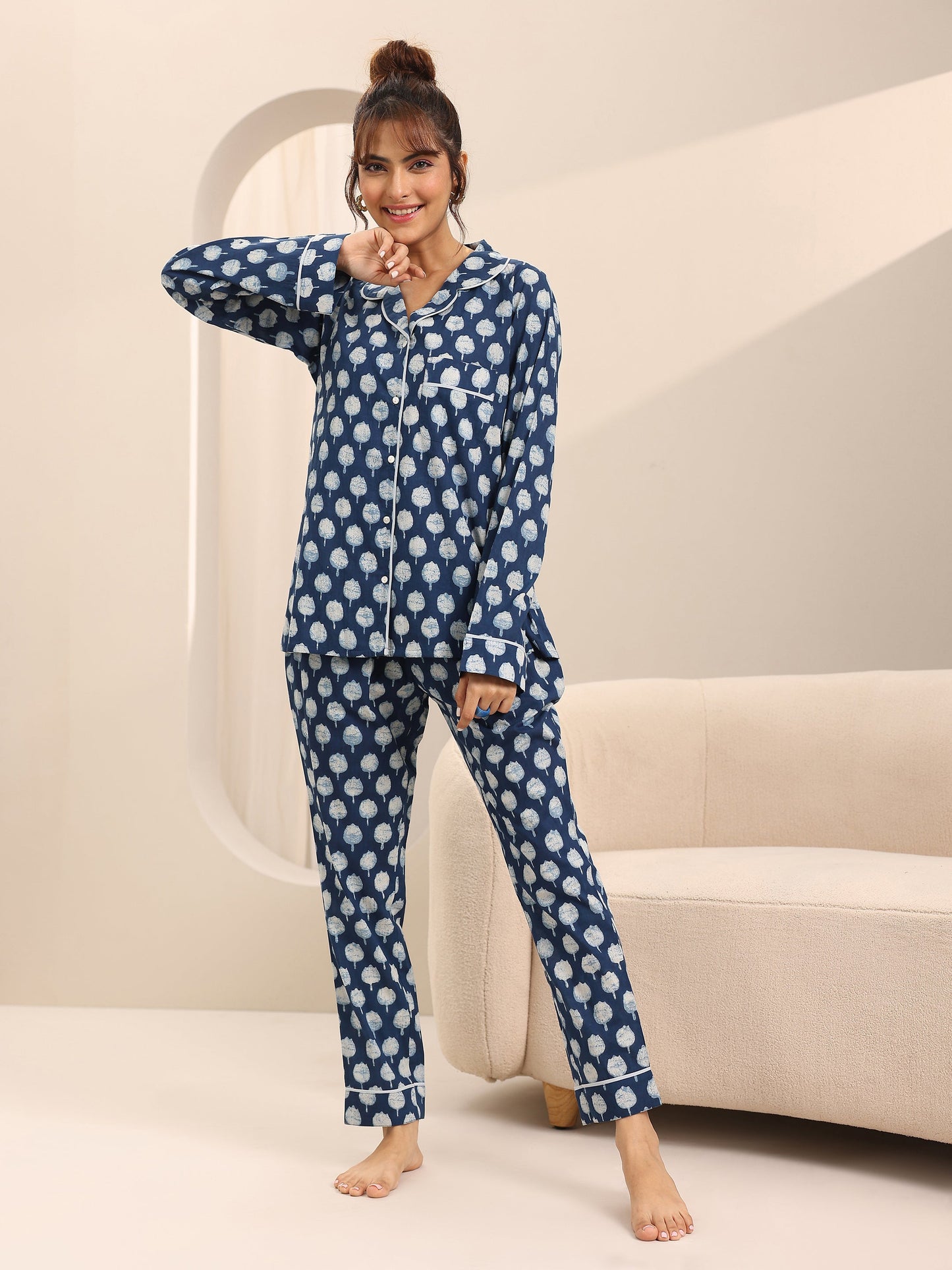 Blue Printed Cotton Night Suits