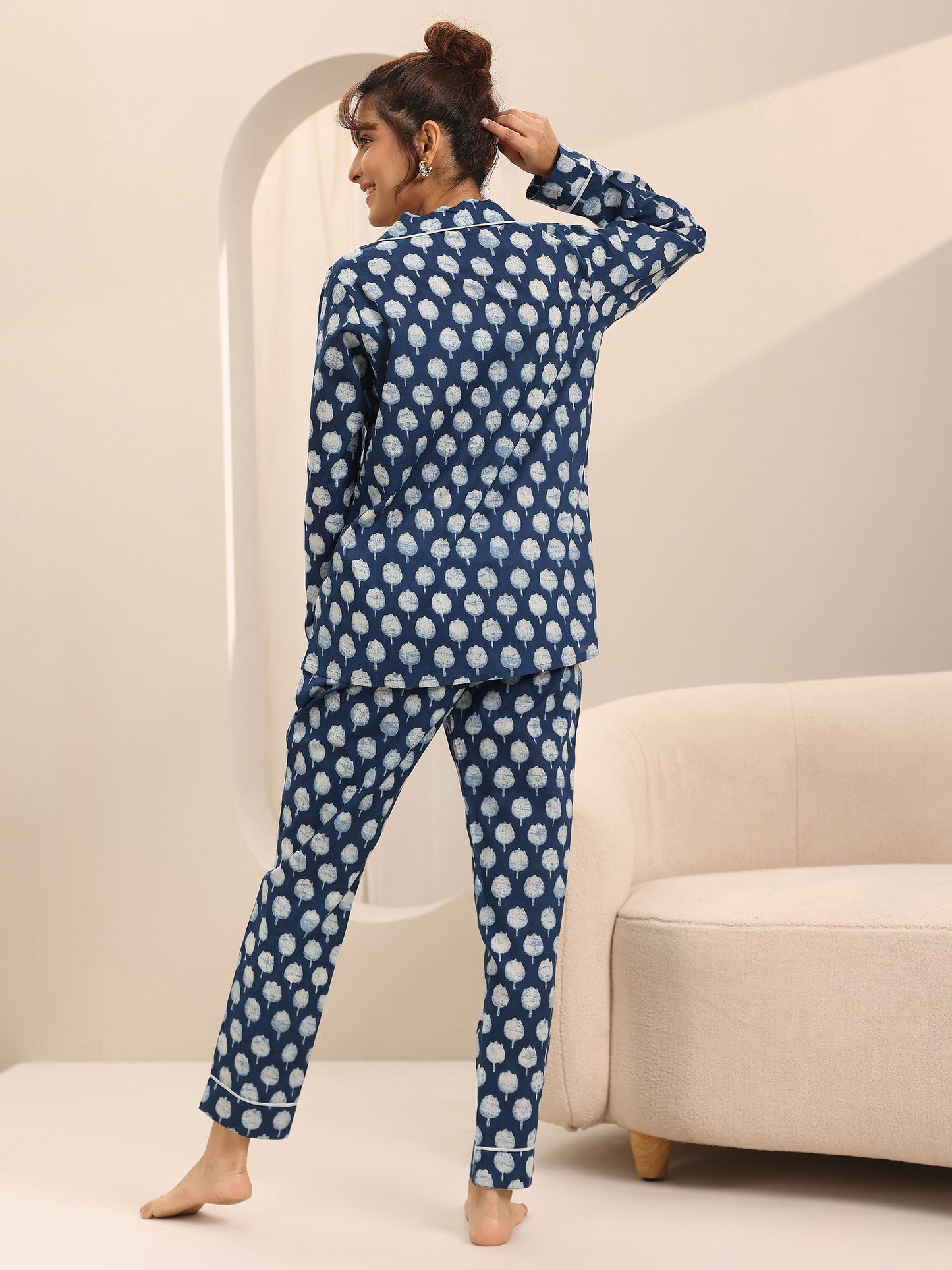 Blue Printed Cotton Night Suits