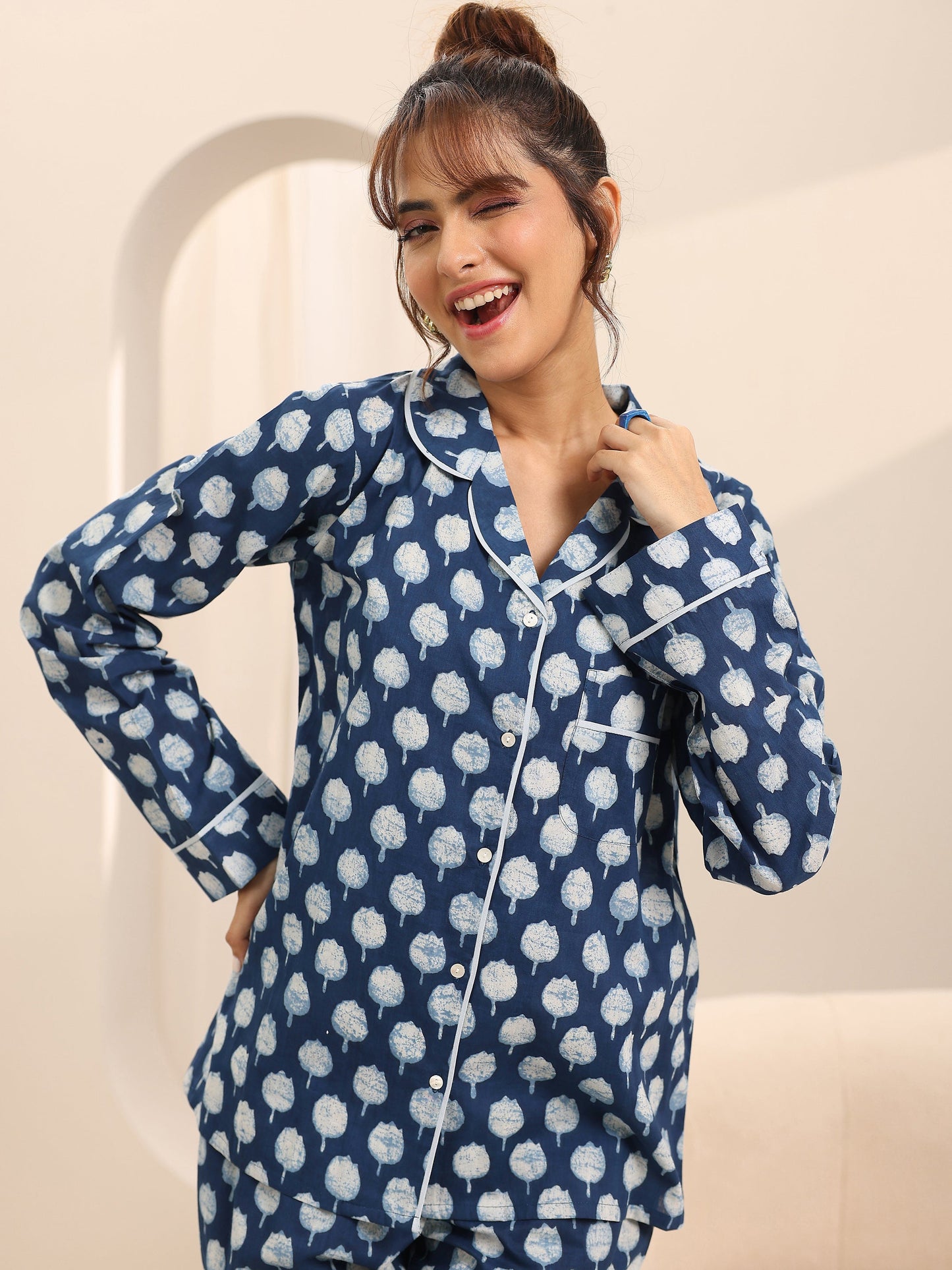 Blue Printed Cotton Night Suits