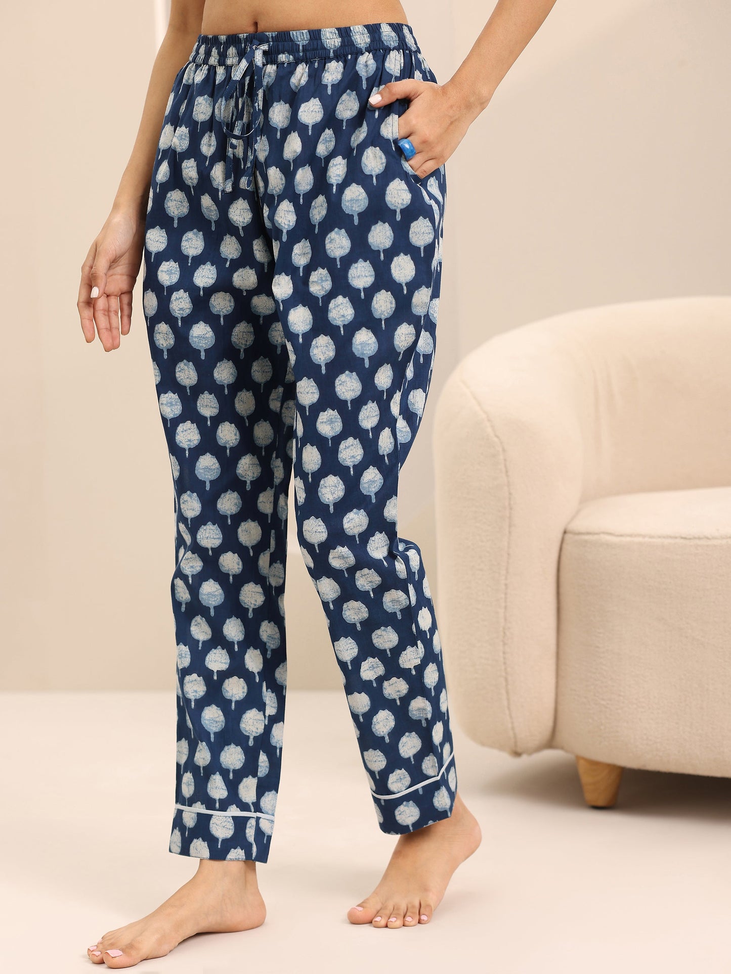 Blue Printed Cotton Night Suits