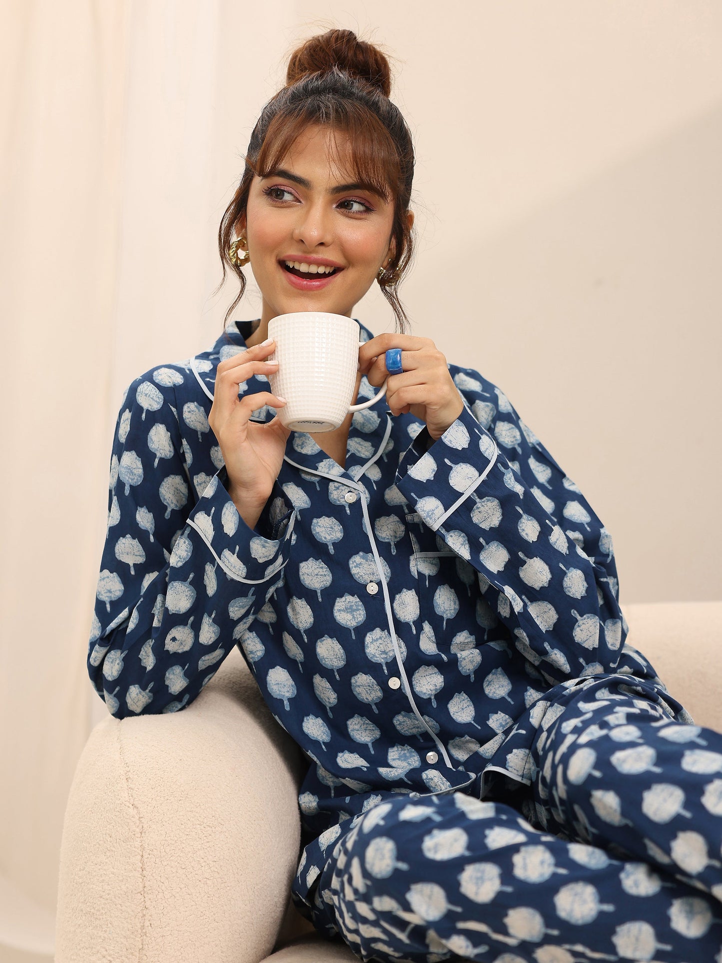 Blue Printed Cotton Night Suits