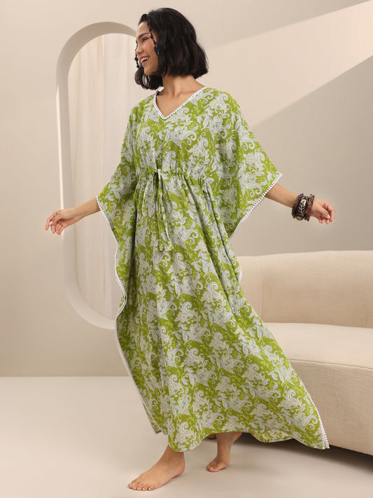 Green Printed Cotton Kaftan Night Dress