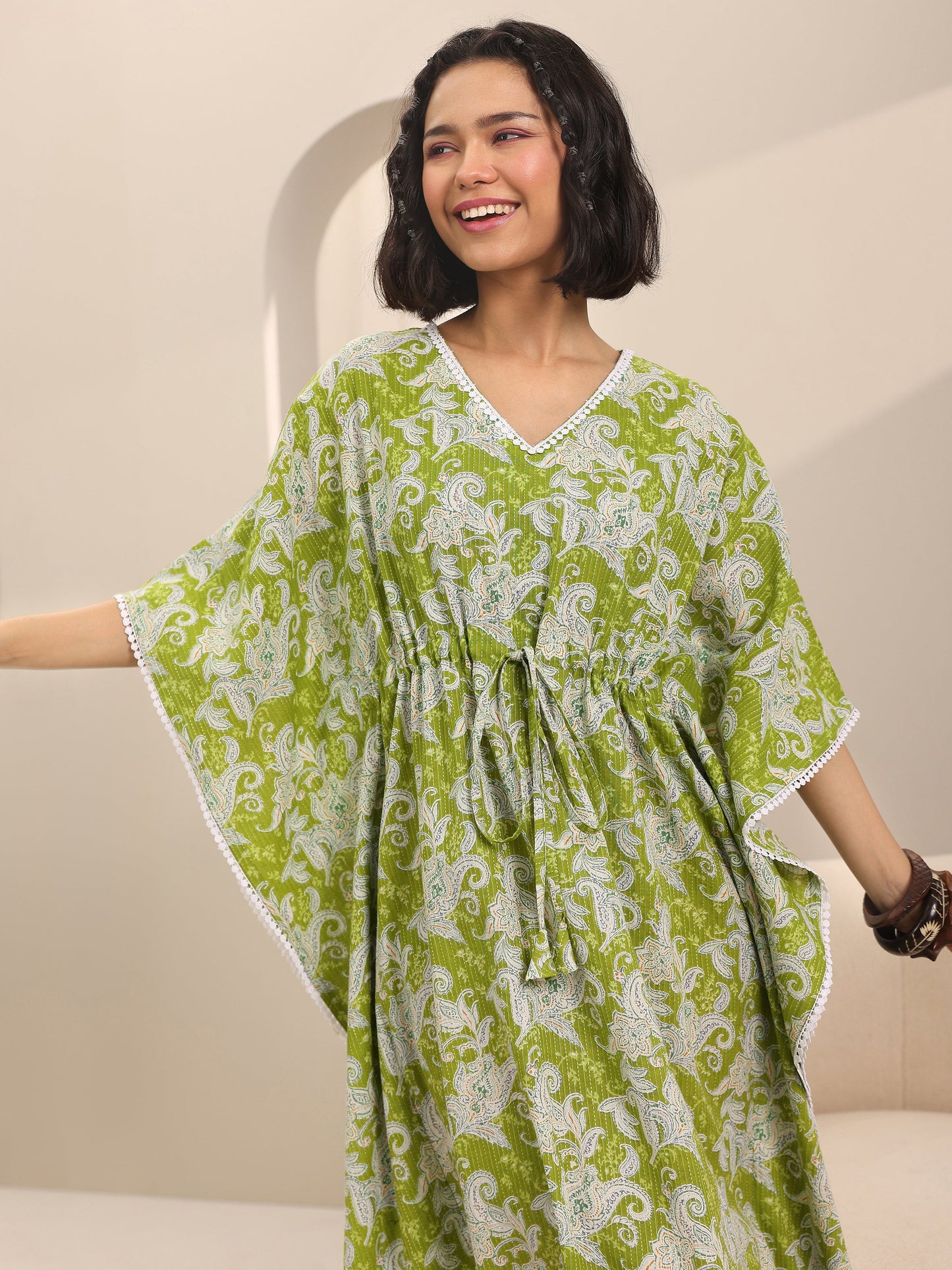 Green Printed Cotton Kaftan Night Dress