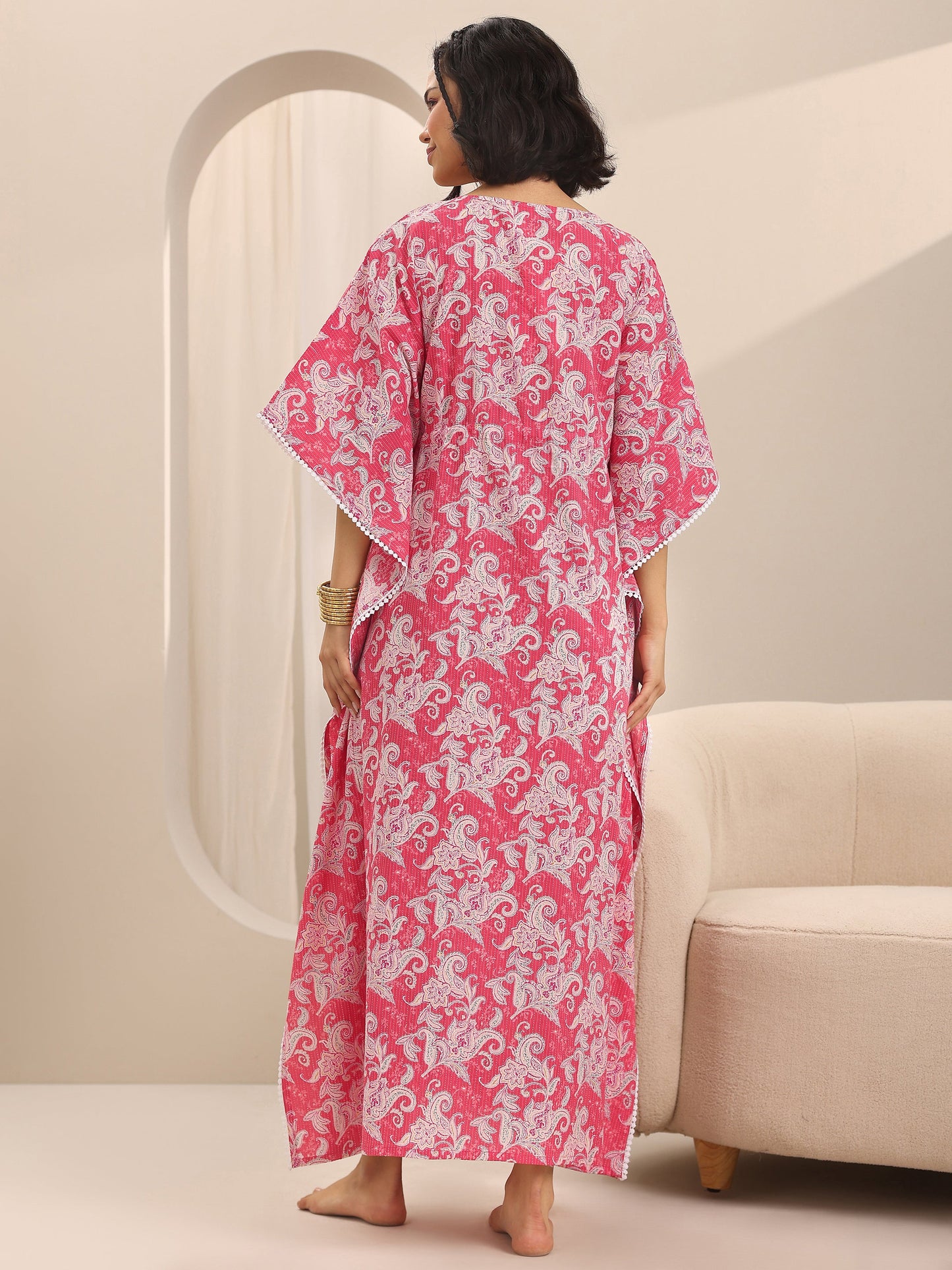 Pink Printed Cotton Kaftan Night Dress
