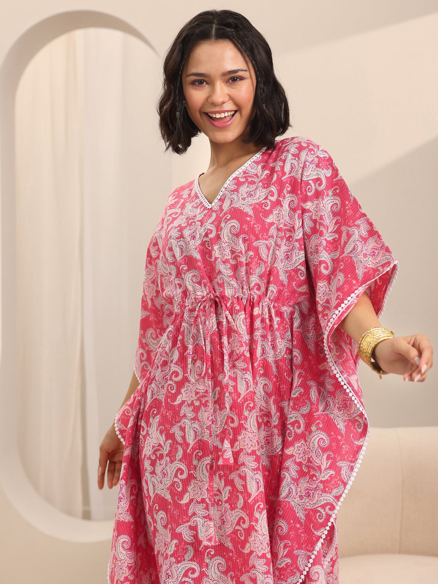 Pink Printed Cotton Kaftan Night Dress