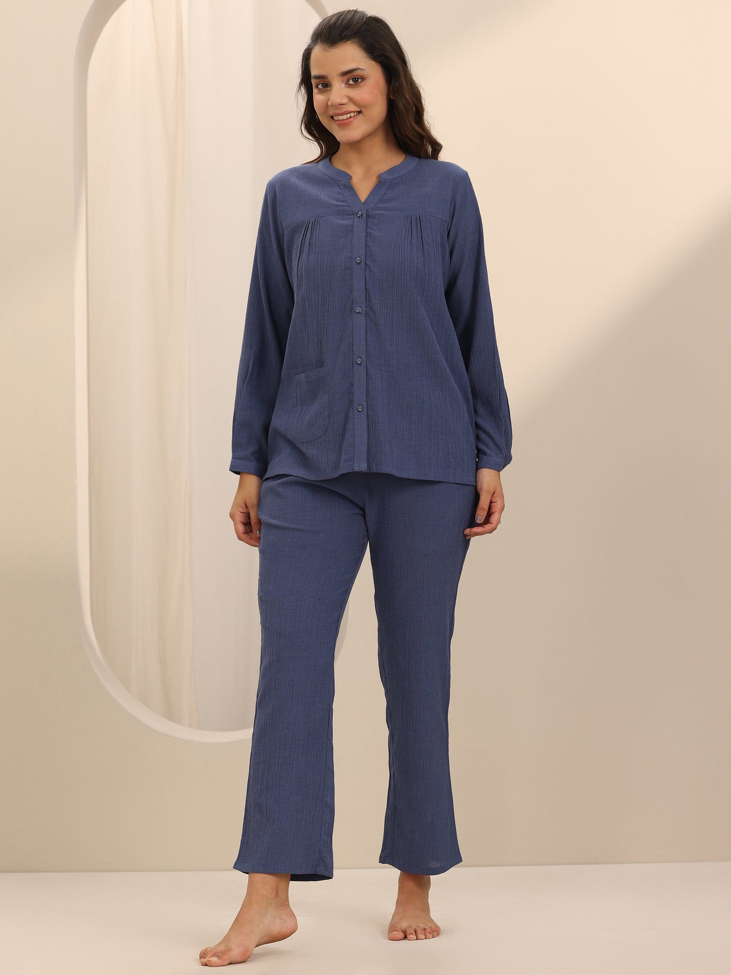 Blue Solid Cotton Blend Night Suit