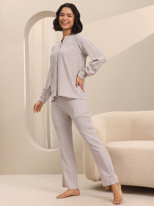 Beige Solid Cotton Blend Night Suits
