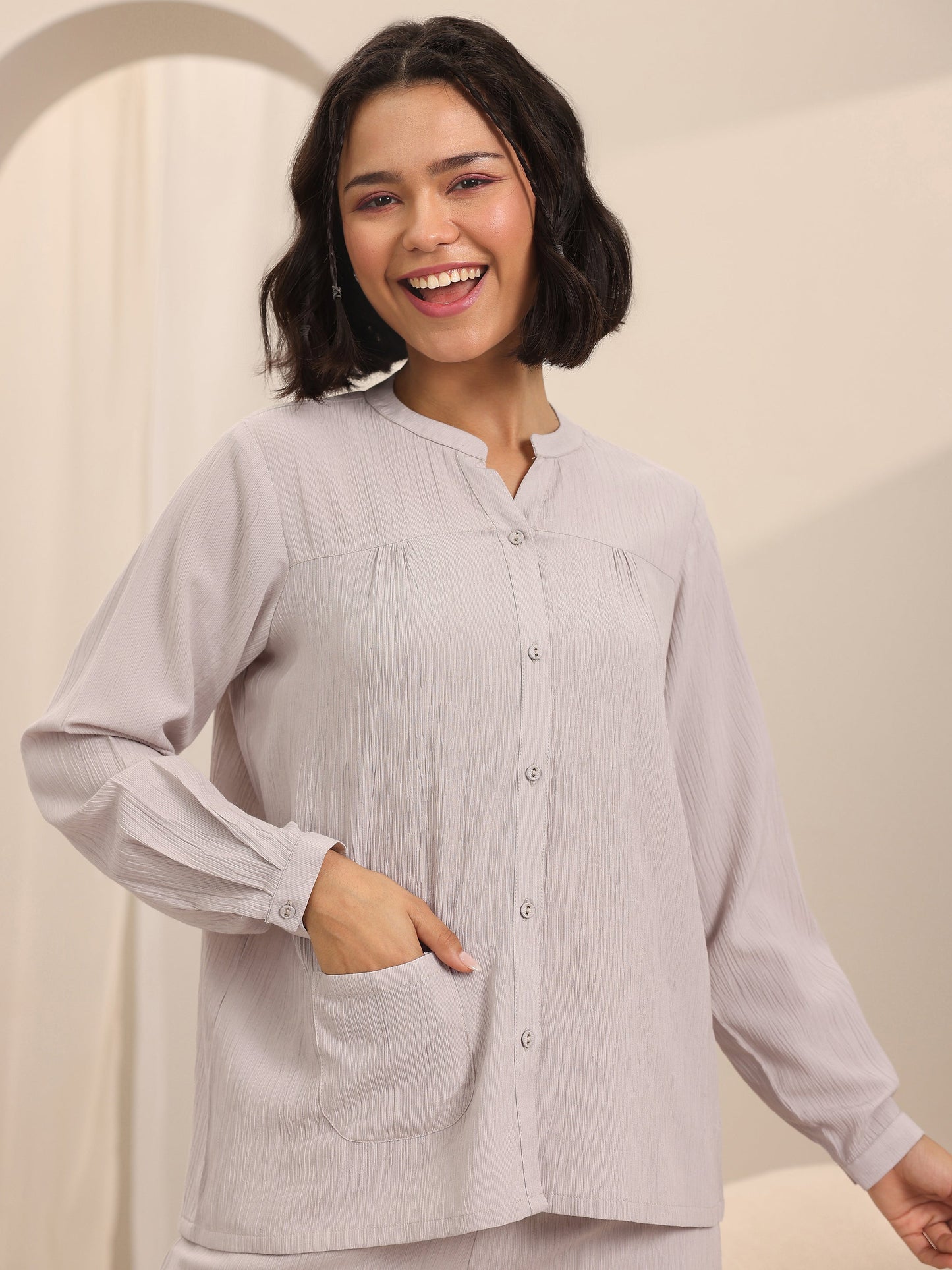 Beige Solid Cotton Blend Night Suits