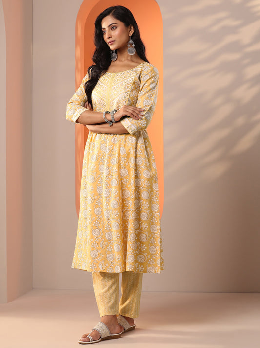 Yellow Printed Cotton Straight Suit Set With Dupatta