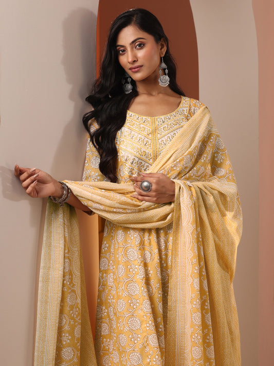 Yellow Printed Cotton Straight Suit Set With Dupatta