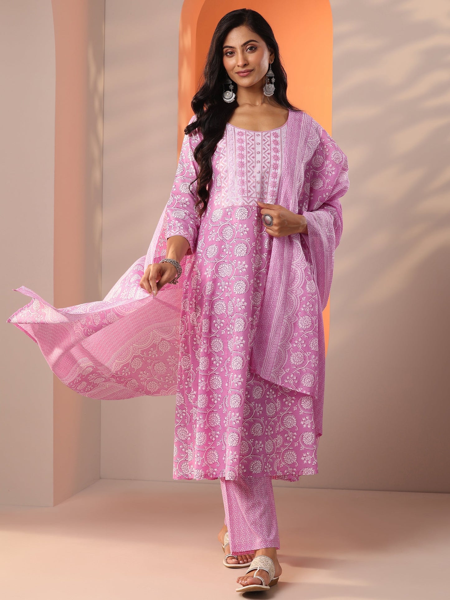 Pink Printed Cotton Straight Suit Set With Dupatta