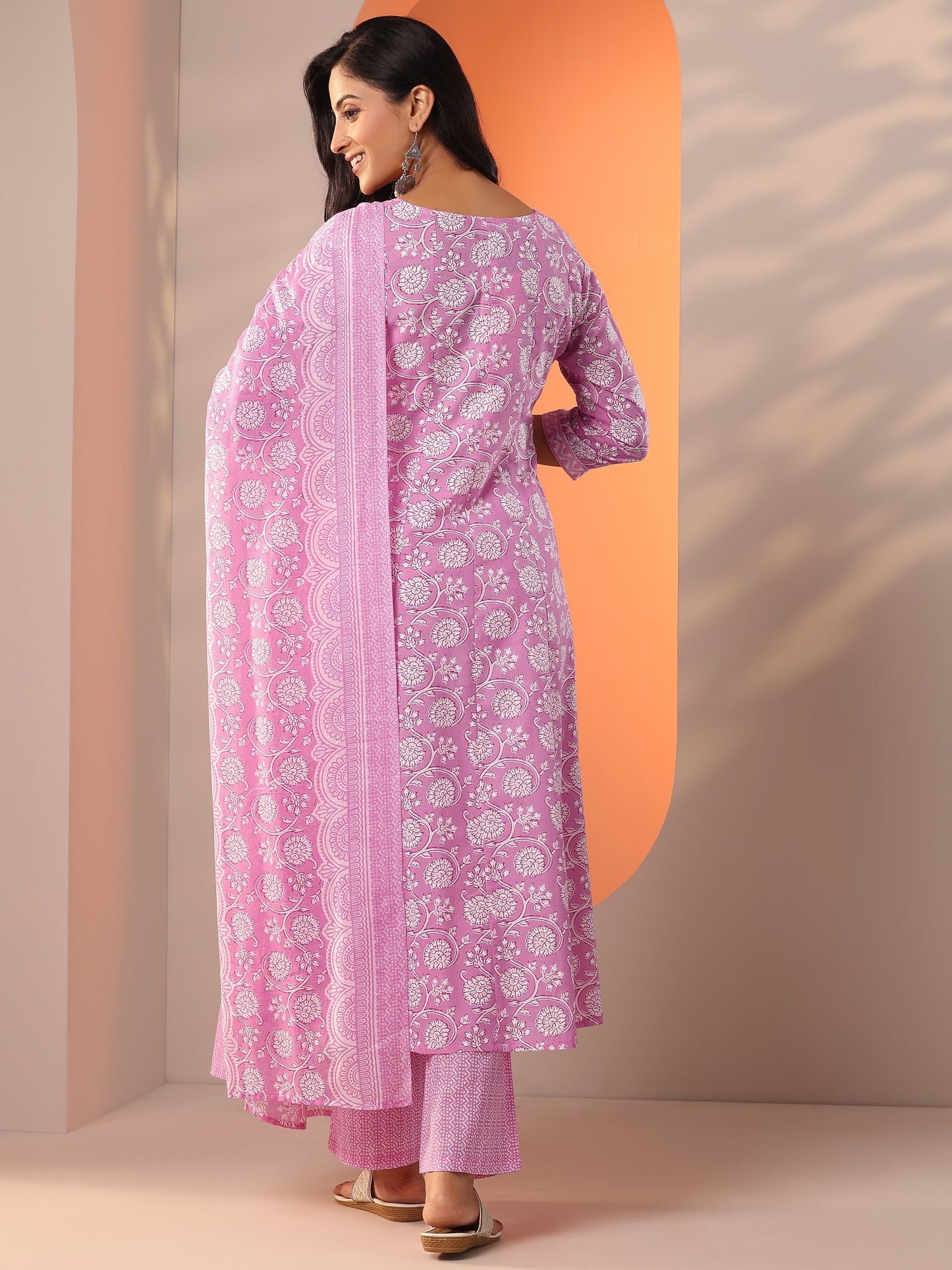 Pink Printed Cotton Straight Suit Set With Dupatta
