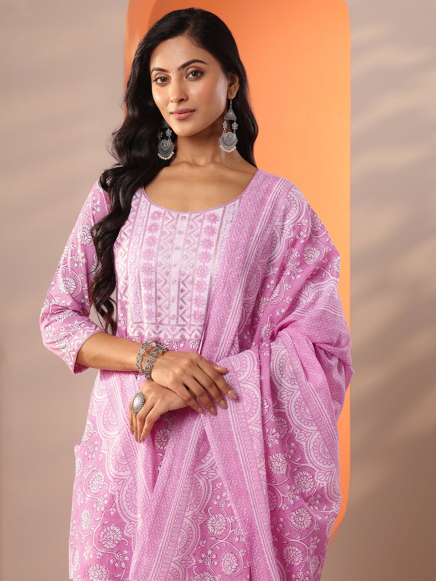 Pink Printed Cotton Straight Suit Set With Dupatta