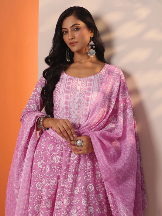Pink Printed Cotton Straight Suit Set With Dupatta