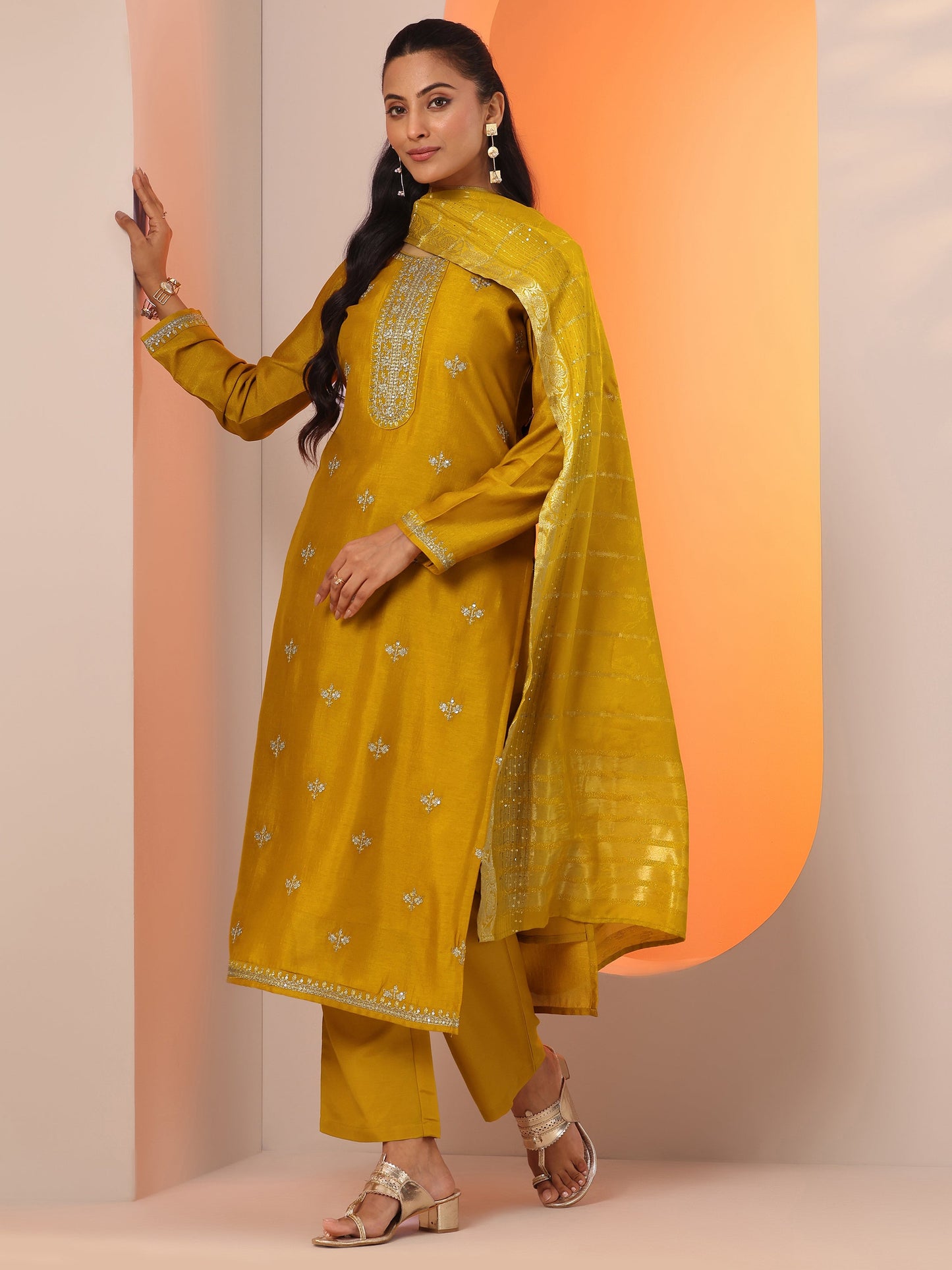 Mustard Embellished Silk Blend Straight Suit Set With Dupatta