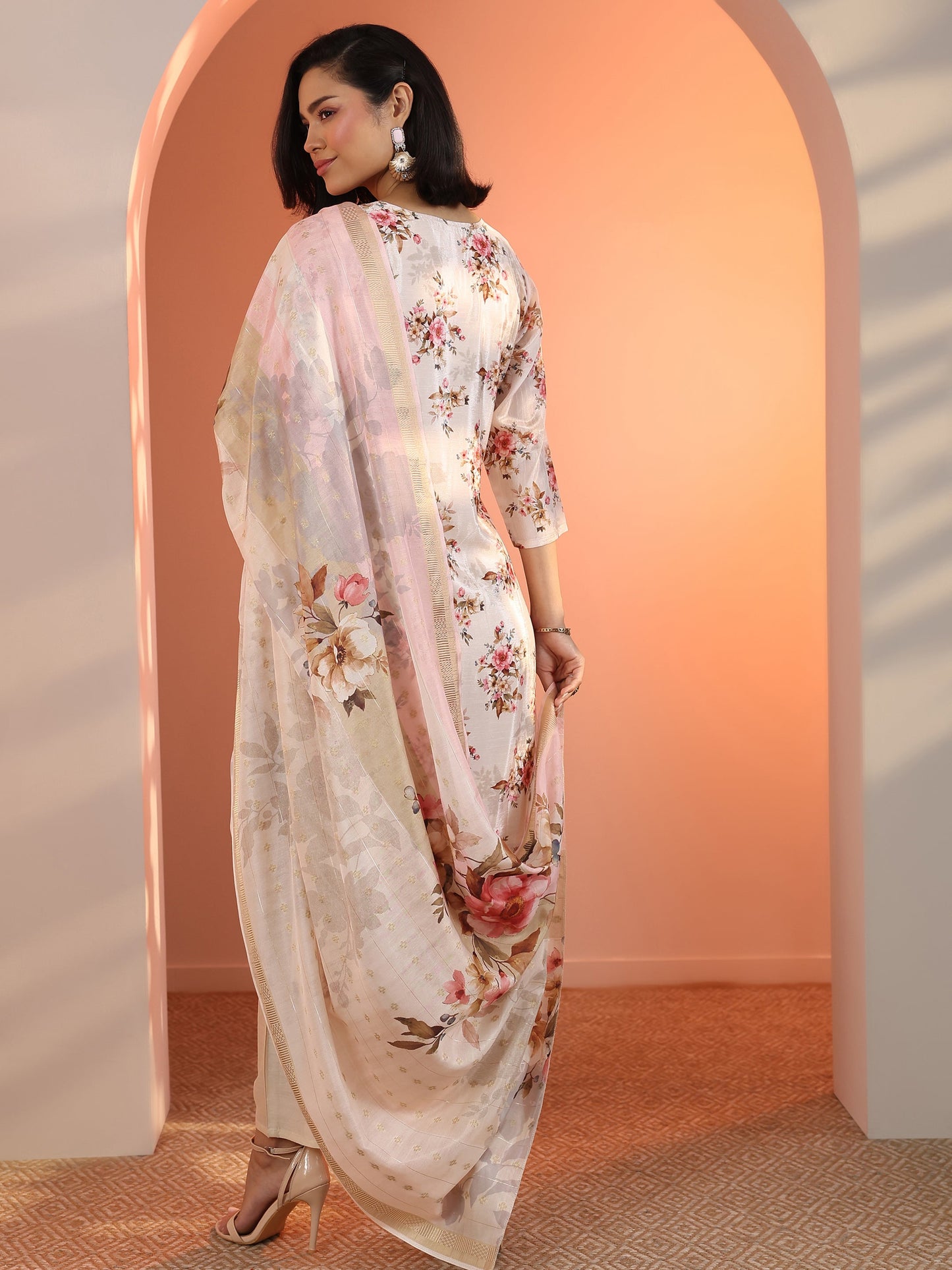 Off White Embroidered Chinon Straight Suit Set With Dupatta