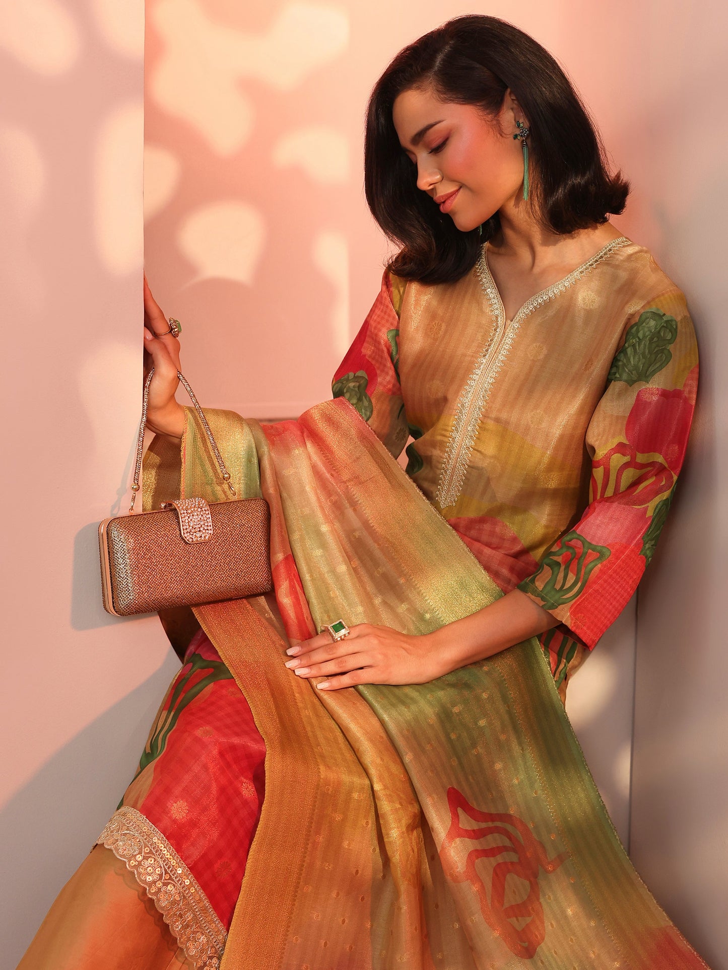 Multi Embellished Silk Blend Straight Suit Set With Dupatta