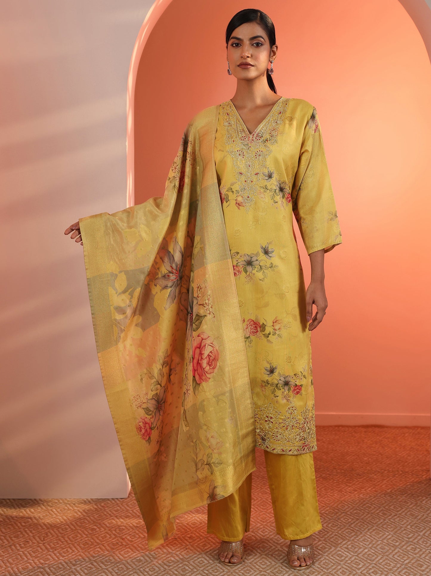 Yellow Printed Silk Blend Straight Suit Set With Dupatta