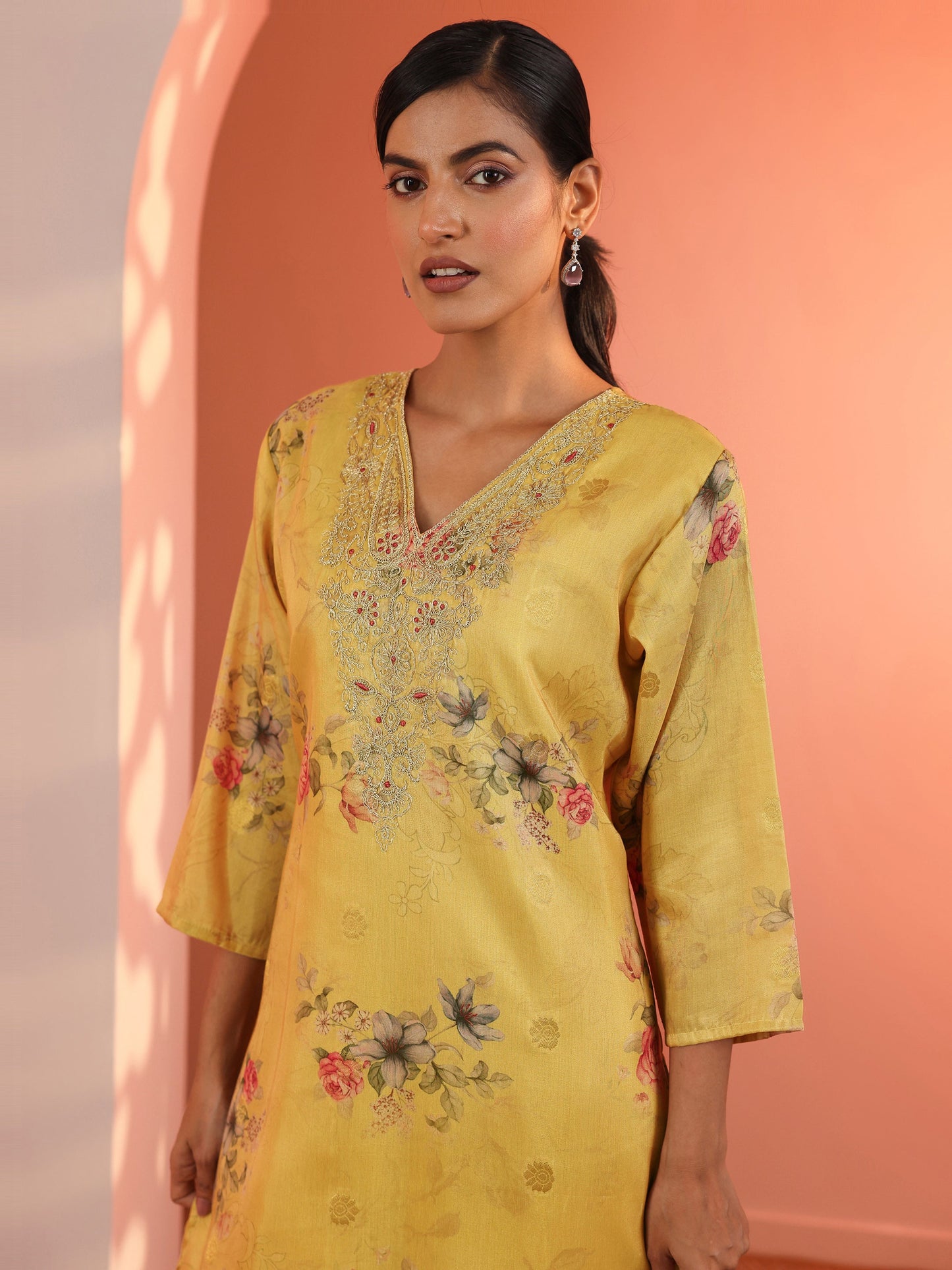 Yellow Printed Silk Blend Straight Suit Set With Dupatta