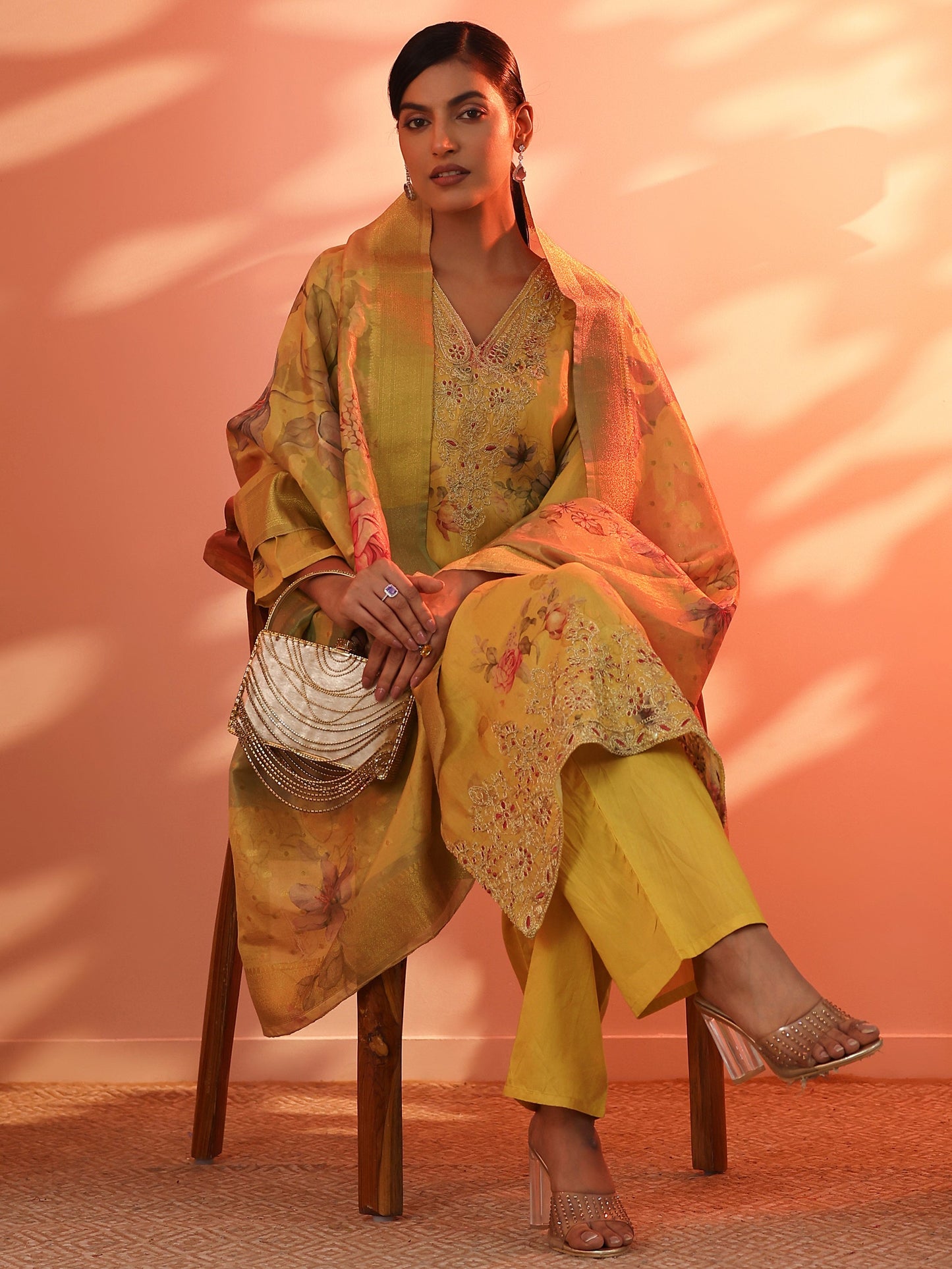 Yellow Printed Silk Blend Straight Suit Set With Dupatta