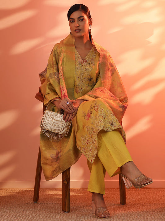 Yellow Printed Silk Blend Straight Suit Set With Dupatta