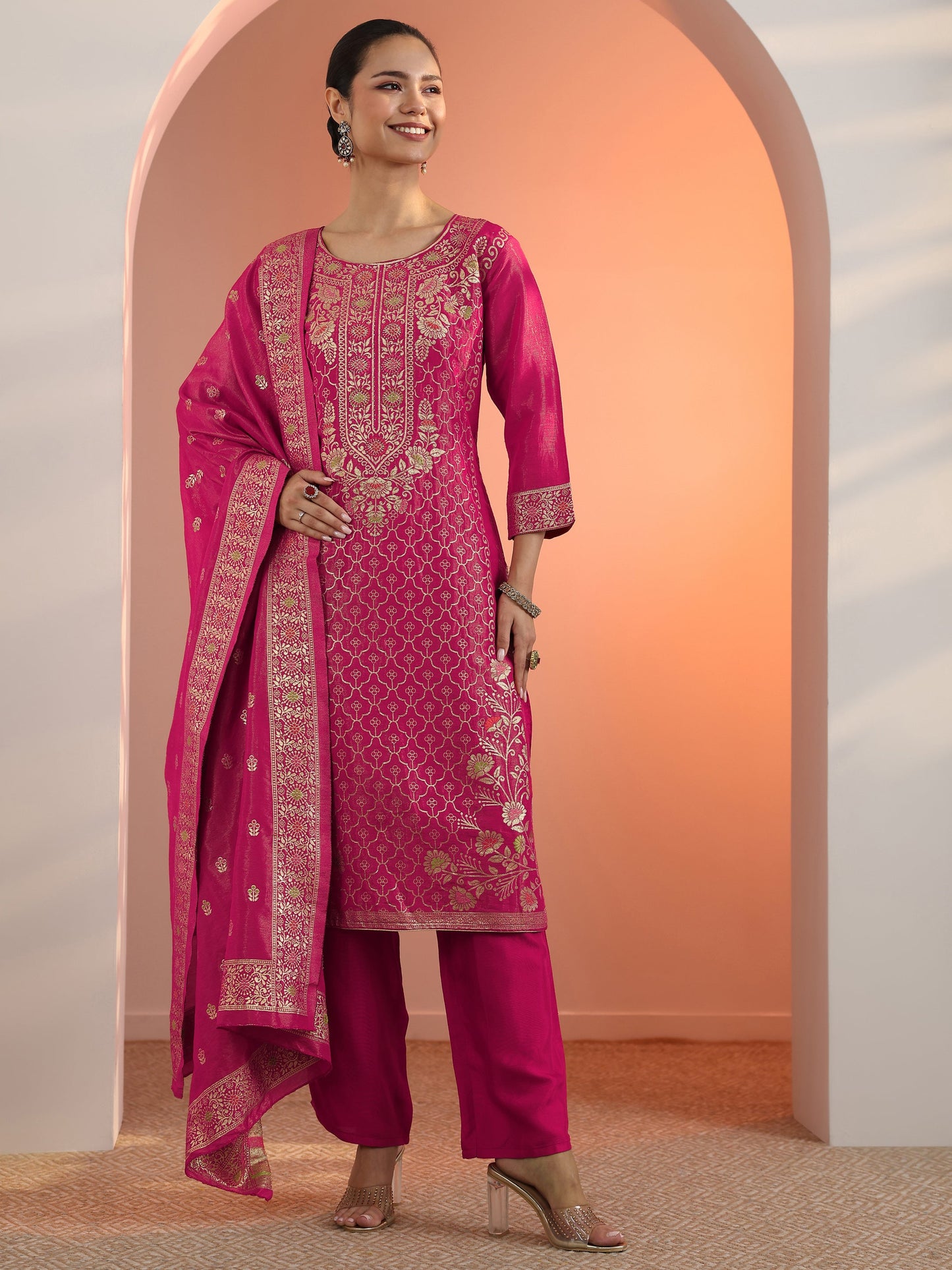 Pink Embellished Silk Blend Straight Suit Set With Dupatta