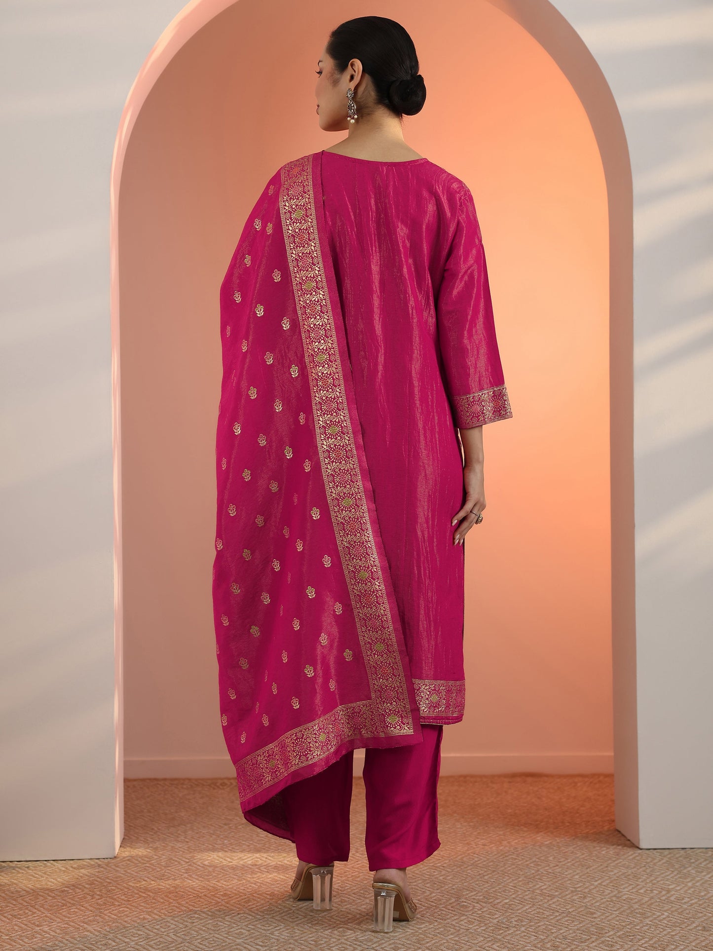 Pink Embellished Silk Blend Straight Suit Set With Dupatta