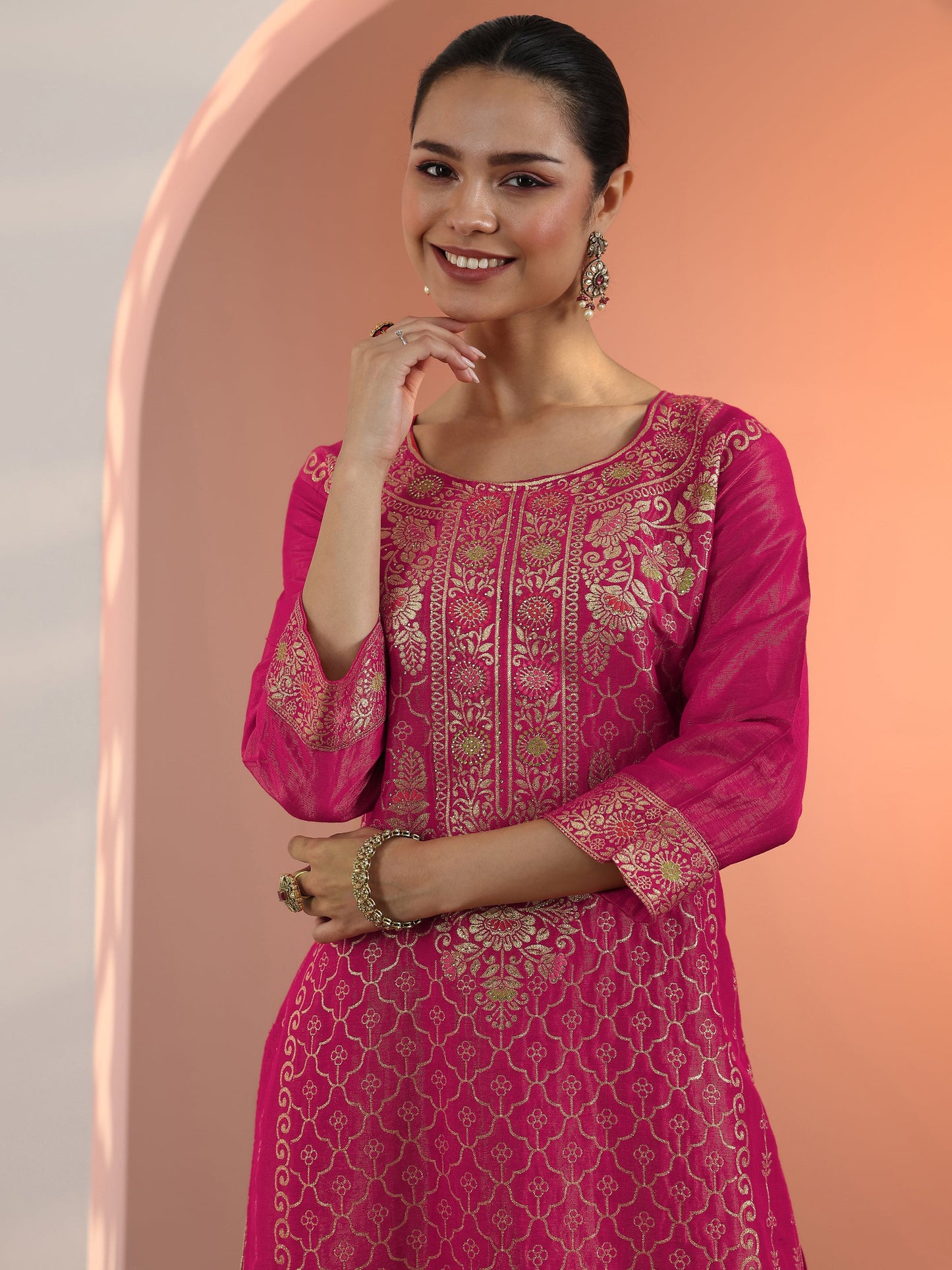 Pink Embellished Silk Blend Straight Suit Set With Dupatta