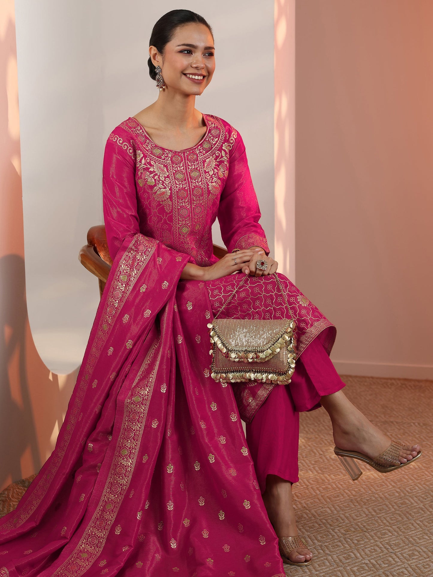 Pink Embellished Silk Blend Straight Suit Set With Dupatta
