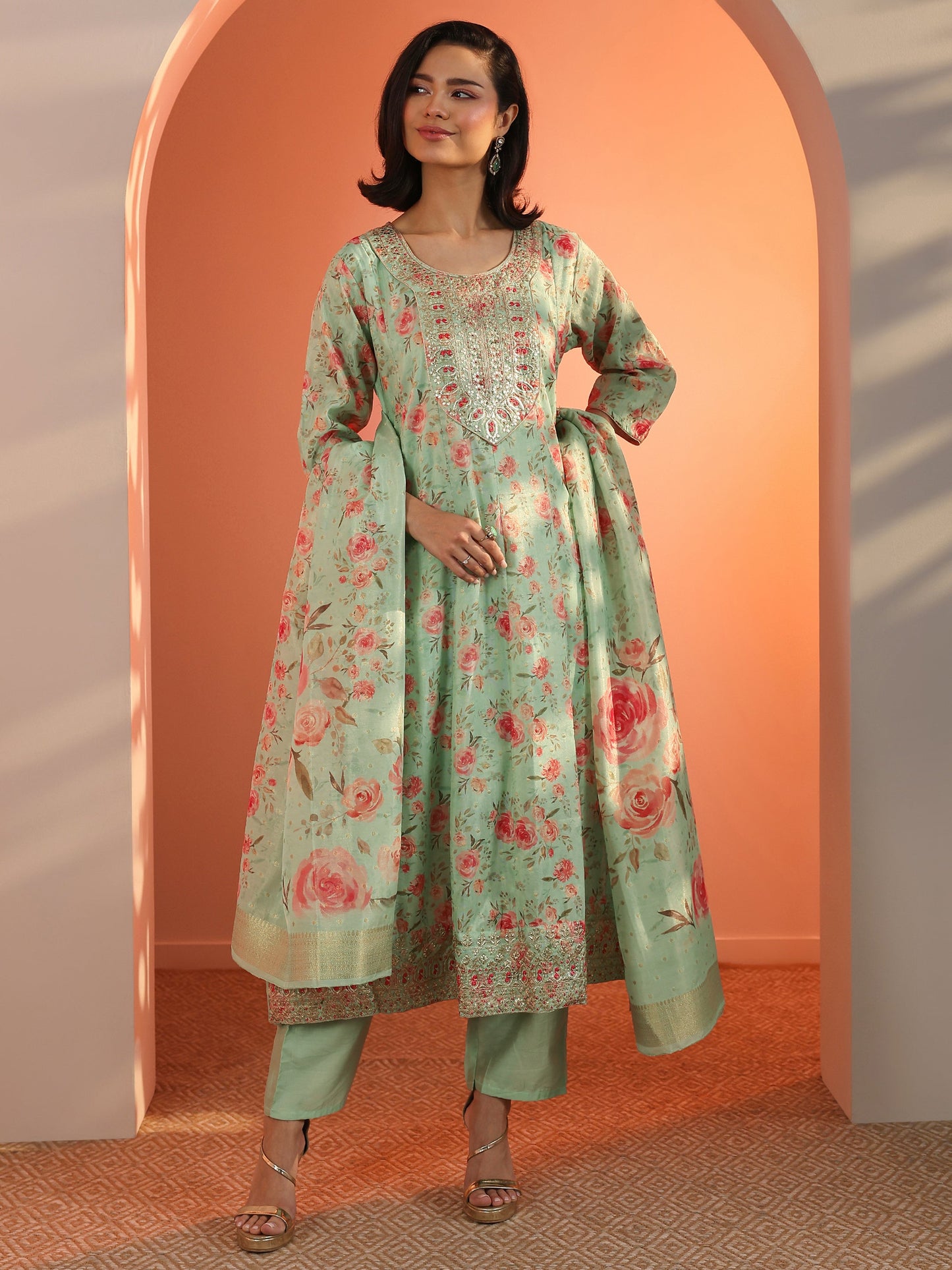 Green Embellished Silk Blend A-Line Suit Set With Dupatta