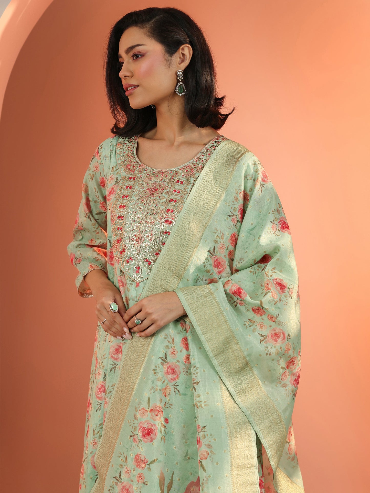 Green Embellished Silk Blend A-Line Suit Set With Dupatta
