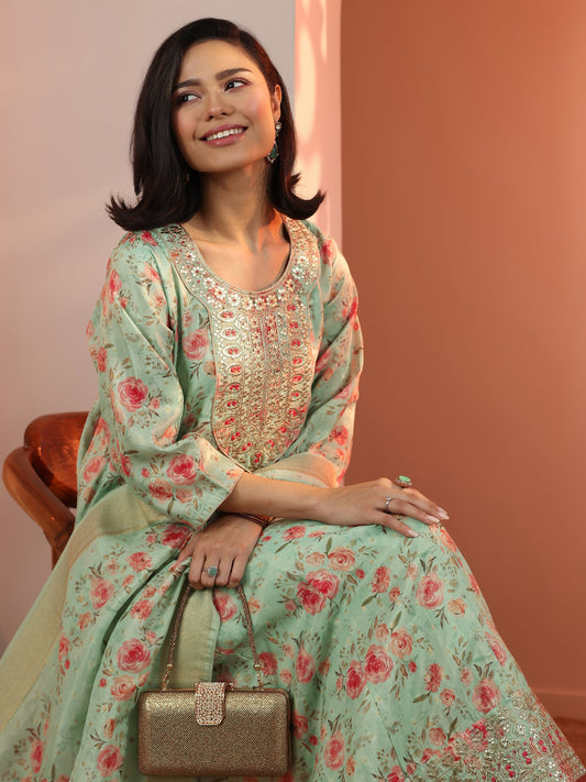 Green Embellished Silk Blend A-Line Suit Set With Dupatta