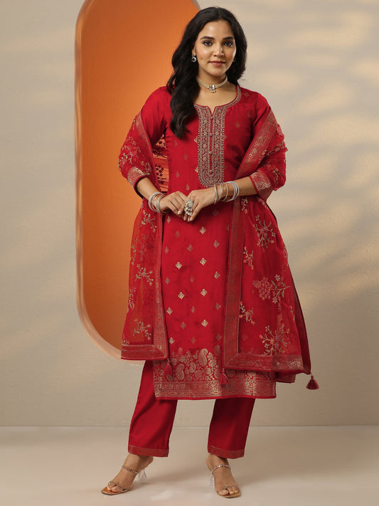 Libas Art Red Woven Design Silk Blend Straight Suit Set With Dupatta